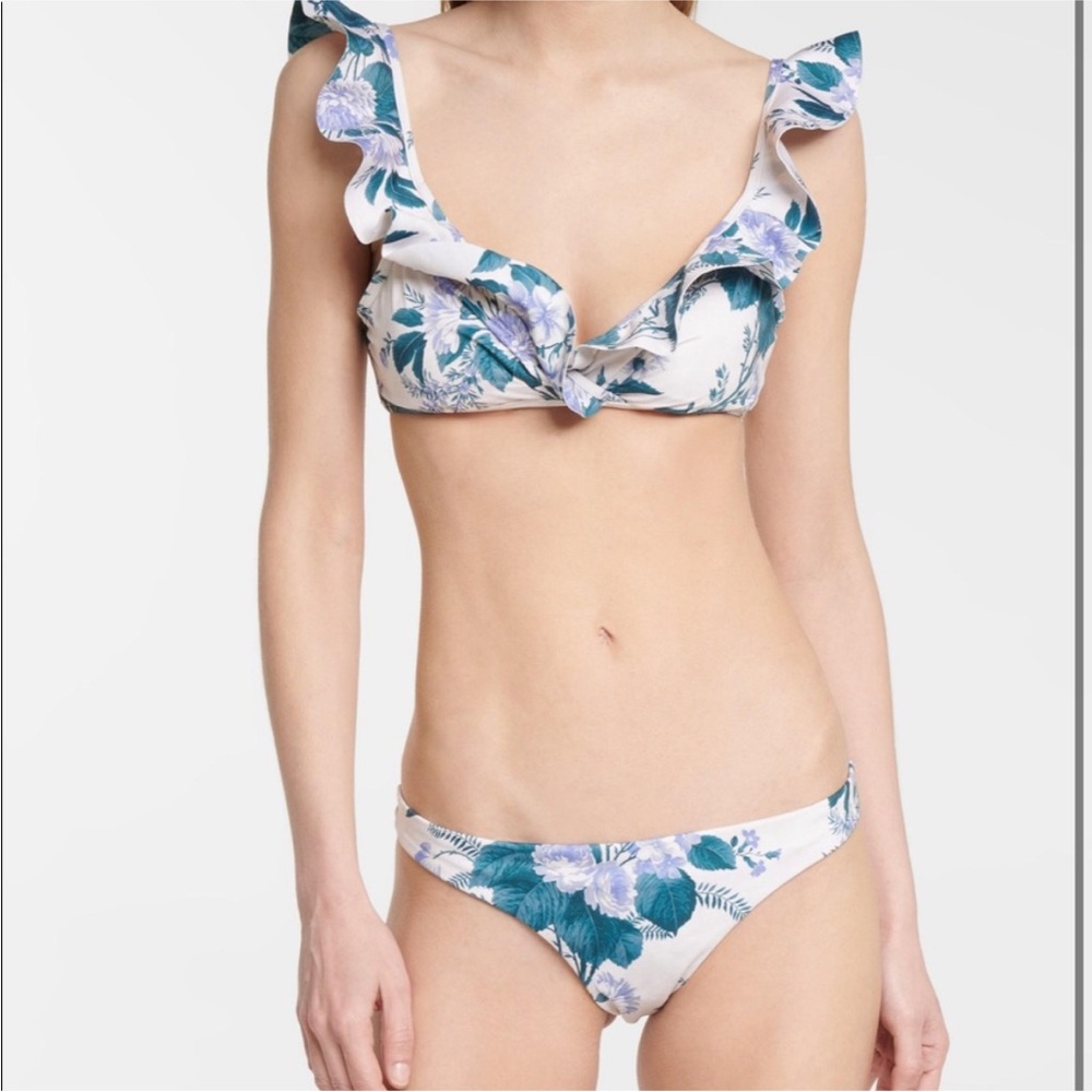 Zimmermann Floral Ruffle Bikini Set - Cream and Blue